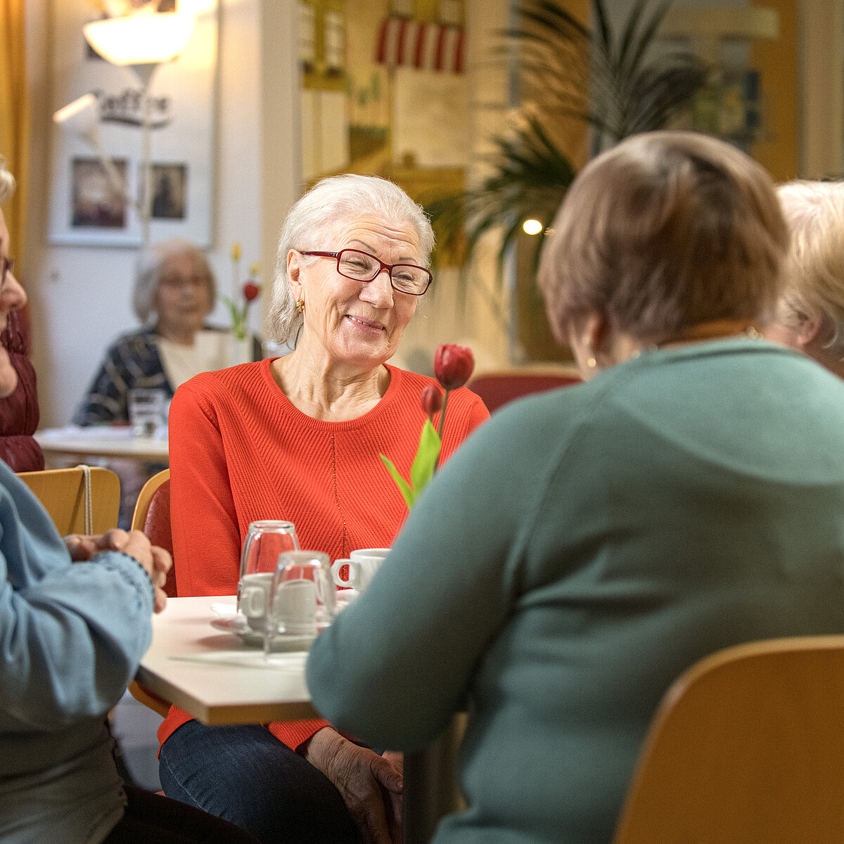 Eine Gruppe älterer Menschen sitzt am Tisch und unterhält sich.