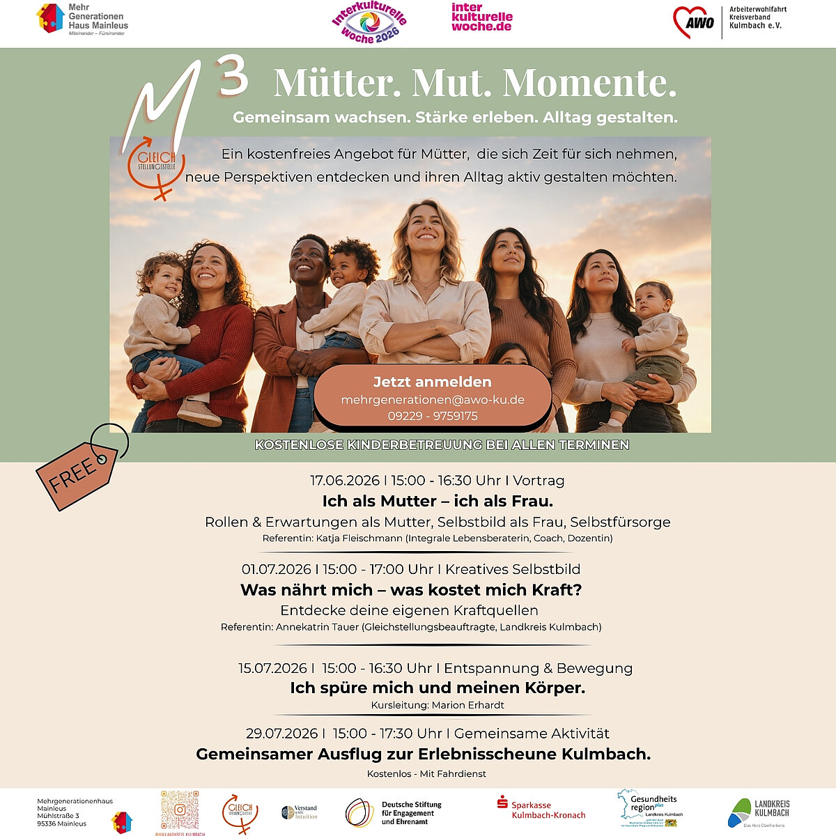 Die Gruppe richtet sich an Mütter, die sich bewusst Zeit für sich nehmen möchten, neue Impulse für ihren Alltag suchen und sich mit anderen Frauen austauschen möchten. In einer wertschätzenden und offenen Atmosphäre bieten wir verschiedene thematische Einheiten rund um Selbstfürsorge, Kreativität, Bewegung und persönliche Entwicklung an. Besonders wichtig ist uns dabei, dass die Teilnahme für alle unkompliziert möglich ist, daher bieten wir kostenlose Kinderbetreuung während der Treffen an.