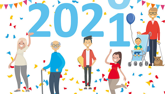 Eine Illustration, zentral ist die Jahreszahl 2021 in hellblau zu sehen, drumherum stehen unterschiedliche Menschen, die lachen.