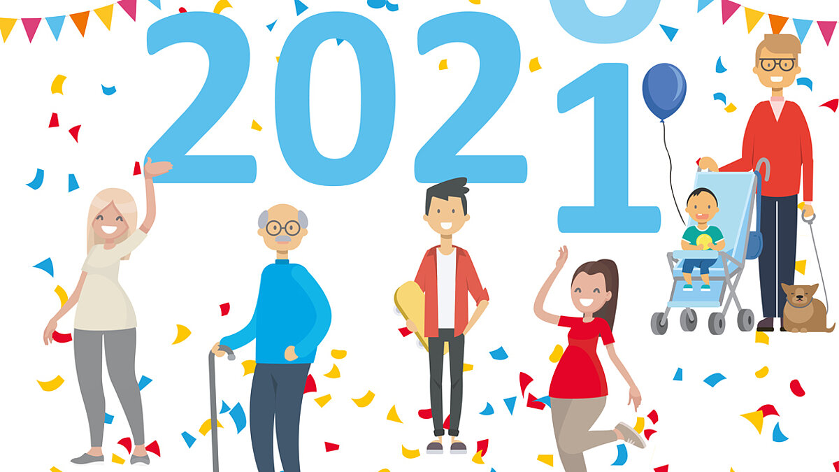 Eine Illustration, zentral ist die Jahreszahl 2021 in hellblau zu sehen, drumherum stehen unterschiedliche Menschen, die lachen.
