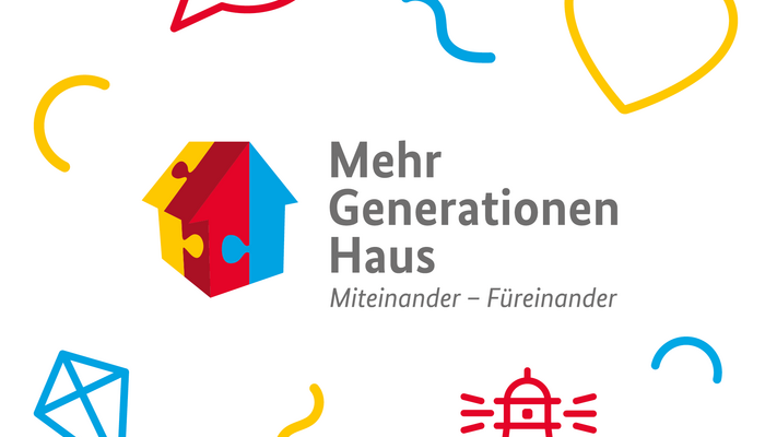 Das Logo des Bundesprogramms Mehrgenerationenhäuser, umgeben von verschiedenen bunten Icons. 