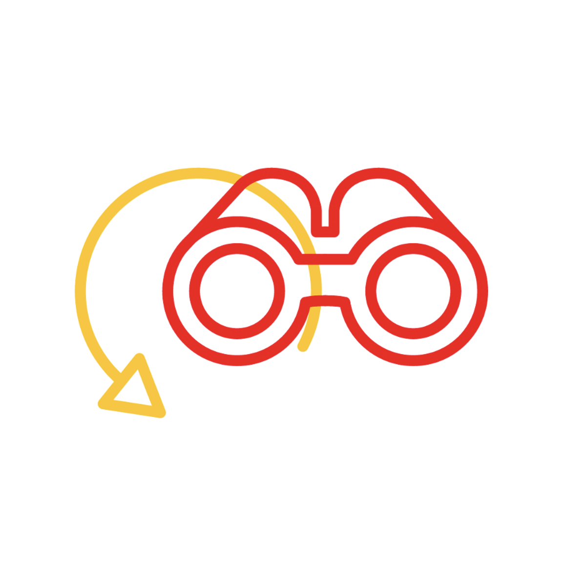 Icon in Gelb von einem roten Fernglas und einem gelben Pfeil