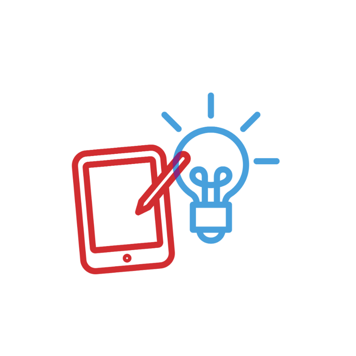Icon von einem roten Tablet mit Stift und einer blauen Glühbirne