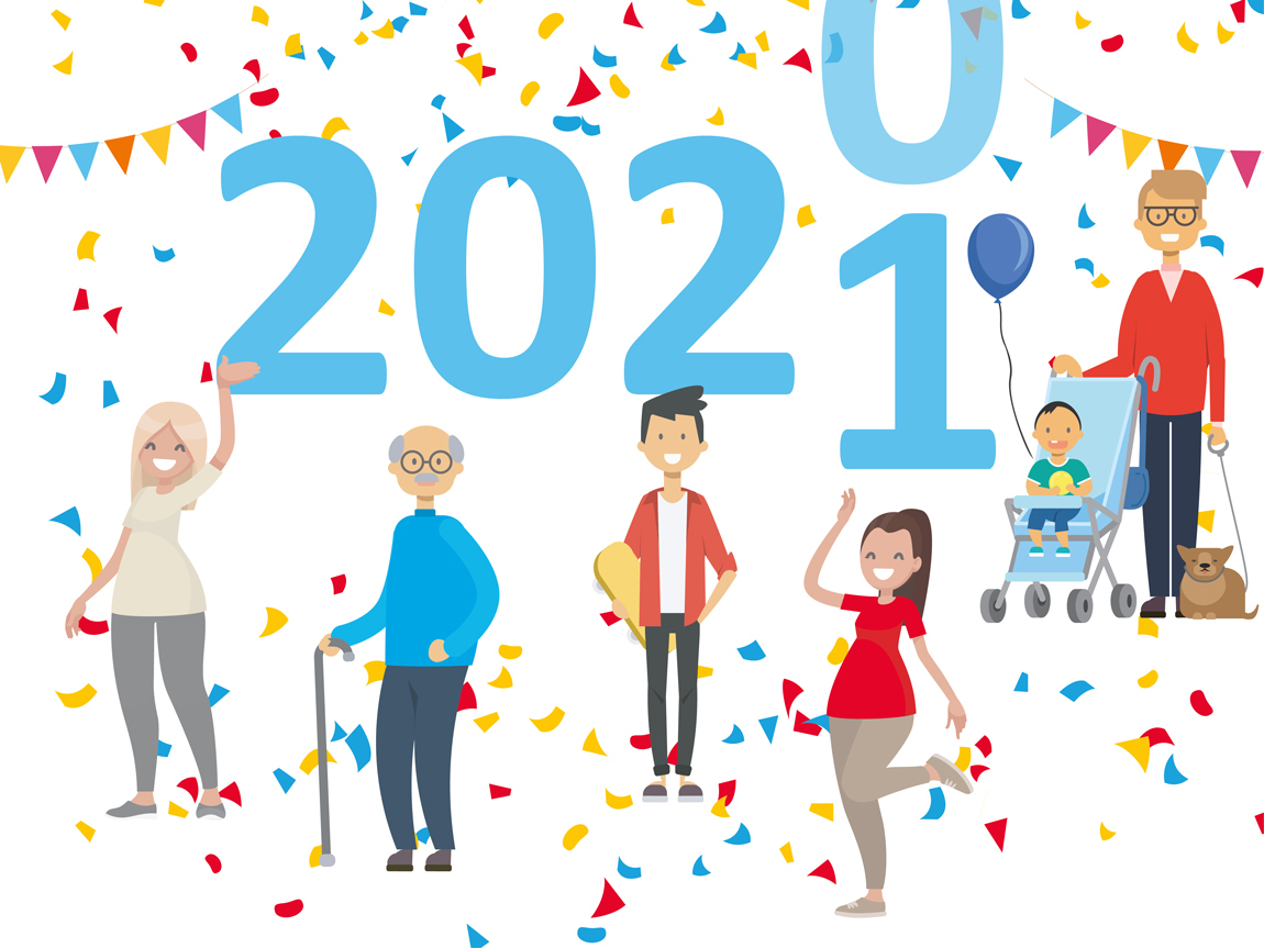 Eine Illustration, zentral ist die Jahreszahl 2021 in hellblau zu sehen, drumherum stehen unterschiedliche Menschen, die lachen.