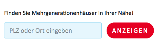 Eine Bildschirmaufnahme des Suchfelds auf der Startseite, über das man Mehrgenerationenhäuser in seiner Nähe finden kann.