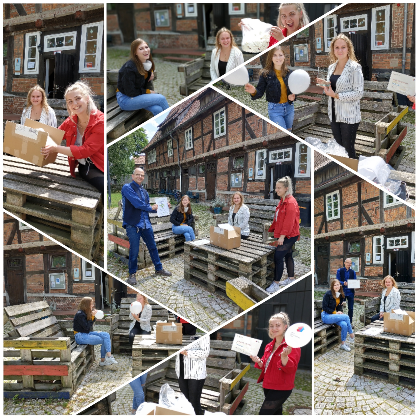 Eine Collage, die aus verschiendenen Fotos besteht. Sie zeigt drei junge Frauen und einen Mann beim Auspacken der Gewinner-Pakete. Alle Personen lachen und freuen sich ersichtlich.